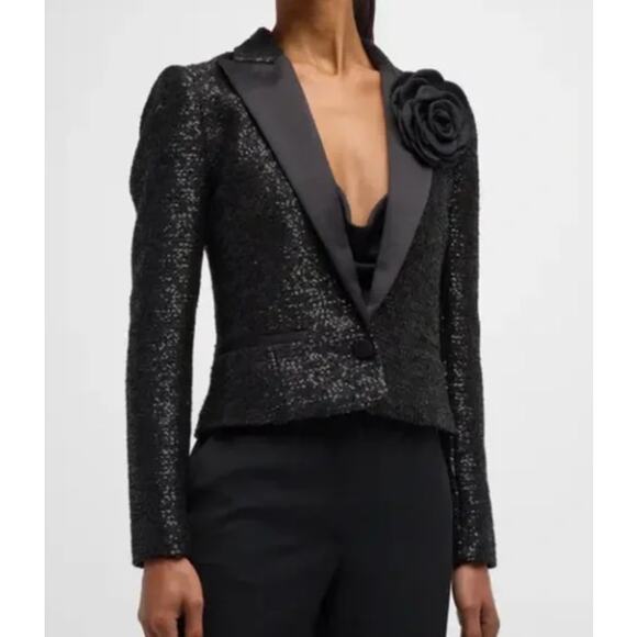 L'Agence Scarlet Black Sequin Cropped Blazer with Rose Pin Size 6 - Picture 5 of 8